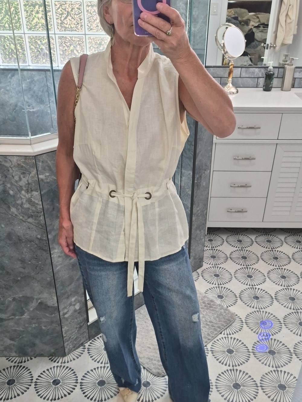 Carole Little Sleeveless Cream Drawstring Tunic Top